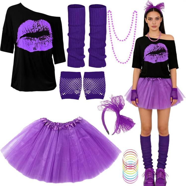 9件套80年代复古服饰配件 - 露肩T恤+蓬蓬裙+手套+腿套+发带+项链+彩色手链，复古服饰，适合节日、万圣节派对、角色扮演、迪斯科舞会，也是节日和生日的时尚礼物 - 多色 - 查看 2