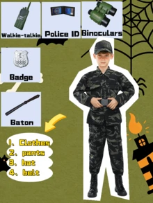 兒童軍裝制服 男童女童適用，含軍事玩具，萬聖節生日派對角色扮演士兵服裝套裝 - 彩色 - 查看 5