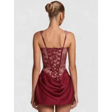 Lace Strap Waist Skirt - 酒紅色 - 查看 3