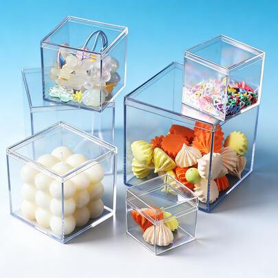 Square Transparent Acrylic Box With Lid, PS Plastic Jewelry Storage Box, Wedding Candy Gift Packaging Display Container, Clear Design, Suitable For Jewelry, Cosmetics, Snacks, Gifts And Home Decor, Durable, Applicable For Party Favors, Wedding Supplies And Daily Organization, Clear Visual Display, Practical And Fashionable Multipurpose Box