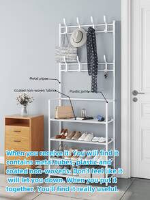 4-Tier/5-Tier Independent Metal Shoe Rack (Shoe Rack Material: Non-Woven Fabric), Can Be Used As Hat Rack, Multi-Function Outdoor Storage Rack, Independent Wardrobe Hanging Rack, Multi-Layer Indoor Shoe Rack, Equipped With 8 Stainless Steel Dual Hooks Shoe & Hat Combination Rack, 3-In-1 Space-Saving Storage Rack, Suitable For Bedroom, Living Room, Behind The Door, Corridor, Can Be Used As Hat Rack, Shoe Rack, Portable Wardrobe, Luggage Storage Rack. - Multicolor - View 5
