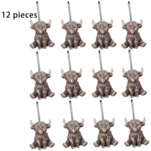 12pcs Rustic Country Western Cowboy Highland Cow Resin Stainless Steel Rust-Proof Decorative Shower Curtain Hooks, Bathroom Accessories, Bathroom Decor, Curtain Hooks - 12pcs Brown - View 7