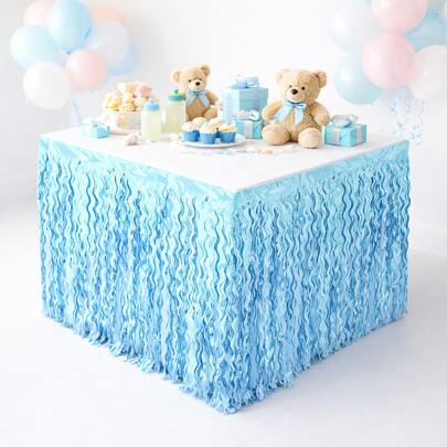 浅蓝色派对桌裙，流苏桌裙装饰，适用于生日、婚礼、海洋主题、糖果桌、甜点桌、派对用品