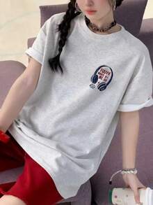 Japanese Style Loose Street Fashion Rabbit Graphic Print Short Sleeve T-Shirt, Summer - Light Grey - View 3