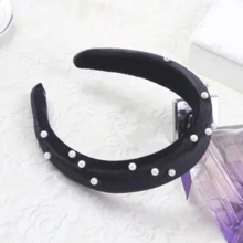 1件黑色天鹅绒手工珍珠发箍，柔软海绵发圈，通勤和约会百搭配饰 - 黑色 - 查看 5