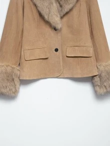 Blazer de terciopelo y piel sintética minimalista de estilo europeo y americano, nueva colección de otoño/invierno de Seelio - Marrón claro - Ver 10