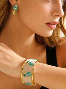 1 Set Of Naturalistic Style Stainless Steel Bracelet And Earrings Decorated With Colorful Enamel Rose Flower Design, Suitable For Women's Fashion Outfits Or As Party/Holiday Gift For Friends - Yellow Gold - View 7