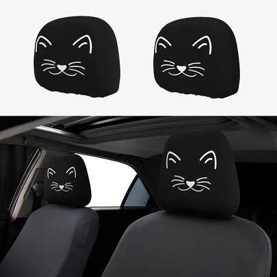 2pcs Cat Pattern Car Headrest Covers, Universal Polyester Headrest Protectors - Easy Slip-On Installation, Durable & Comfortable Car Seat Accessories For Personalizing Vehicle Interior Decor, Suitable For SUV, Sedan And Truck