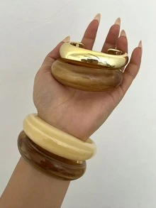 4件套复古优雅波西米亚风女士亚克力树脂C形几何波浪条纹开口手镯套装，适合日常、度假、约会、婚礼、叠戴、节日礼物 - 多色2 - 查看 3