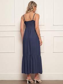 Elegant Women's Long Dress With Padded Cups, Lining, Adjustable Straps, And Front Buttons - 藏蓝色 - 查看 3