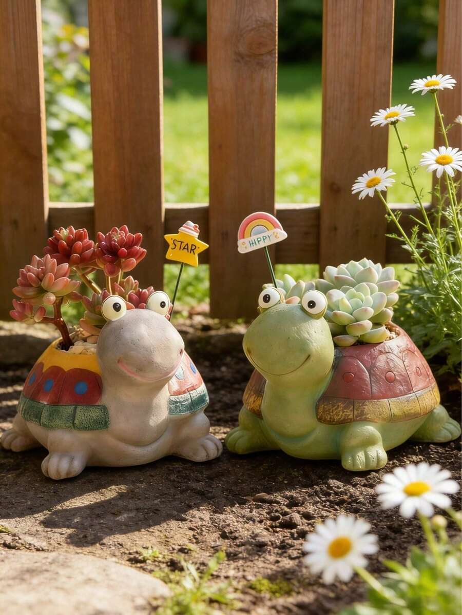 Cute Big-Eyed Turtle Resin Planter - Cartoon Turtle Succulent Planter, Suitable For Garden And Yard Decor | Interesting 1pc Decor For Outdoor Flower Beds, Balcony Shelves And Lawns | Weather-Resistant Container For Planting Succulents And Small Plants, Full Of Charm, Gardening Decor, Outdoor Flower Pot, Balcony Decor, Succulent Planter, Plant Container, Gift - A - View 1