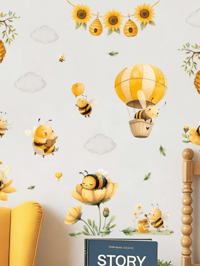 1 miếng dán hoạt hình dành cho trường mẫu giáo, trang trí tường phòng trẻ em, decal tự dính bằng PVC hình ong và hoa hướng dương chủ đề mùa xuân