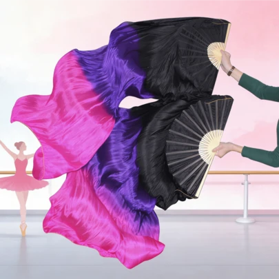 1 Pair(Left+Right) Women Rayon Silk Belly Dance Fan Veil Length 180cm Veil Belly Dancing Fans Folding Fan Lengthened Fans Dancing Long Bamboo Fan