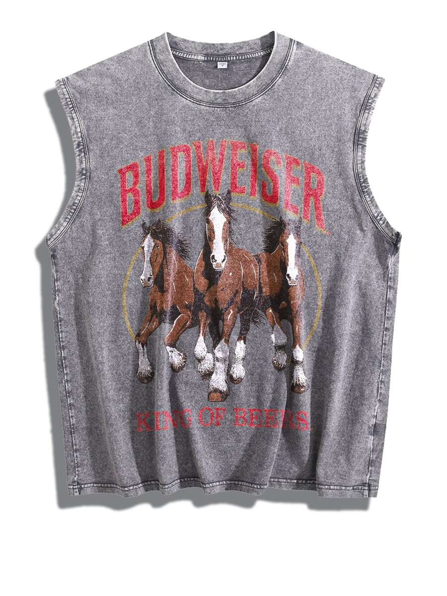 Sleeveless Printed Oversized T-Shirt, Y2K Style Street Fashion Men's Washed Vest (220g Pure Cotton), Vintage Pattern Fun Print, Hip-Hop Style - Xám - Xem 1
