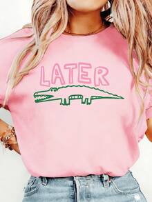Women Later Gator Funny Crocodile Lightweight Tee, White Pink Breathable All Season Round Neck Top, Machine Washable Daily Playful Fashion Shirt - 粉色 - 查看 13