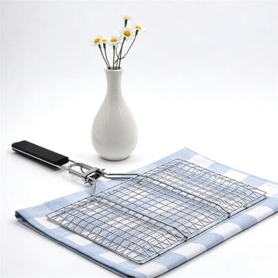 1/2pcs Stainless Steel Foldable BBQ Grill Basket With Detachable Handle, Outdoor Camping Vegetable Fish Meat Grill Rack, Portable BBQ Tool Gift