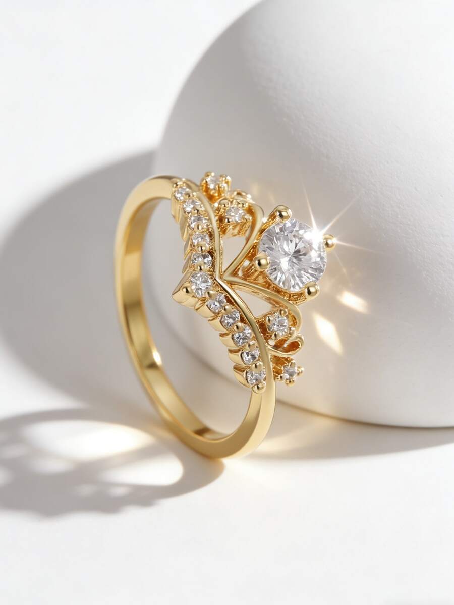 Charm-In Leaf Inspired CZ Ring With Pave Accents 18K Gold Plated Promise Ring Bridal Anniversary Gift For Her - Gold - View 1
