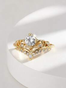 Charm-In Leaf Inspired CZ Ring With Pave Accents 18K Gold Plated Promise Ring Bridal Anniversary Gift For Her - Gold - View 2