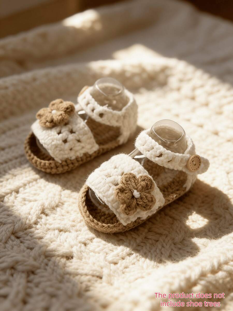 1 Pair Infant Flower Knit Crochet Pre-Walker Shoes, Socks-Style - White - View 1