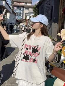 Japanese Style Loose Street Fashion Rabbit Graphic Print Short Sleeve T-Shirt, Summer - Light Grey - View 3