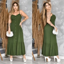 Elegant Women's Midi Dress In Viscose With Padded Cups, Lining, Adjustable Straps And Front Buttons - 軍綠色 - 查看 6