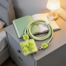 Cute Yellow Bow Decor Data Cable Protector, Compatible With 18/20W Charger Protective Case, Data Cable Protector Cord, Anti- Protector, Charger Accessory, Phone Accessory - Wave Green Five-piece Set - View 5