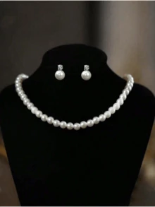 1 Necklace 1 Pair Earrings Simple Rhinestone Faux Pearl Micro-Inlaid Fashion Versatile Stud Earrings High-End Design Elegant Earrings Jewelry Set Suitable For Women's Daily And Festive Wear - White - View 1