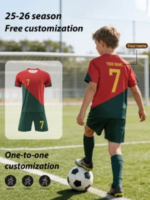 2pcs Customized Name Kids Football Jersey Set - Crew Neck Short Sleeve Shirt And Shorts, Quick Dry Breathable Polyester Soccer Training Gear - Red - View 6