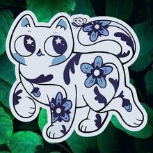 Floral Pattern Blue Cat Fresh Natural Cute Cartoon Stickers - Waterproof Vinyl Stickers - Durable Matte Surface, Self-Adhesive Bumper Stickers, Suitable For Cars, Windows, Laptops, Trucks, Water Bottles - Multi-Functional Durable Design, Car Stickers - one-size - View 2