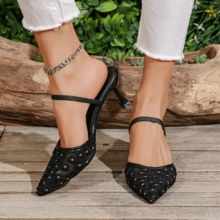 Mesh Floral Pointed Toe Mule Stilettos, Breathable Mesh Upper, Elegant High Heels Suitable For Commuting And Daily Wear - Black - View 2