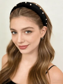 1件黑色天鹅绒手工珍珠发箍，柔软海绵发圈，通勤和约会百搭配饰 - 黑色 - 查看 3