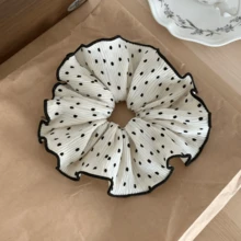 韩日风白色波点发圈，荷叶边发绳，大号丸子头发圈，马尾辫发圈 - 黑與白 - 查看 9