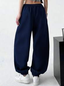 Pantalones jogger grises de ajuste holgado y casual con estampado de letras NYC, pantalones de otoño e invierno para mujer - Azul Marino - Ver 3