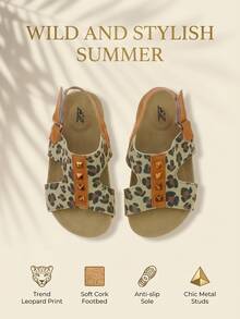 Popular Bestseller - 3-12 Year Old Leopard Print Stud Open-Toe Children's Sandals. Leather-Like Texture Leopard Print Pattern + Caramel Brown Leather Trim. Metal Studs Embellishment. Adjustable Back With Hook And Loop. Soft Wood Midsole With Anti-Slip Rubber Sole. American Street Retro Style. Daily Versatile. Spring/Summer Outerwear Sandals! - Camel - View 6