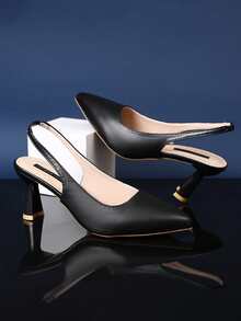 Black Closed-Toe Pointed-Toe High Heel Sandals, Solid Color PU Patchwork, Elastic Back Strap, Thin Heel Design, Luxury Fashion, Summer New Style, Suitable For Daily, Travel, Party, Commute And Outings - Black - View 6