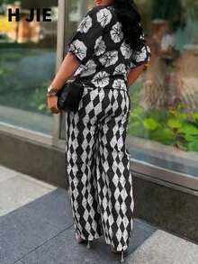 女士两件套印花休闲套装，波西米亚风长裤搭配短袖上衣，适合海滩、度假村、花园、街头休闲等场合，黑色 - 黑色 - 查看 3