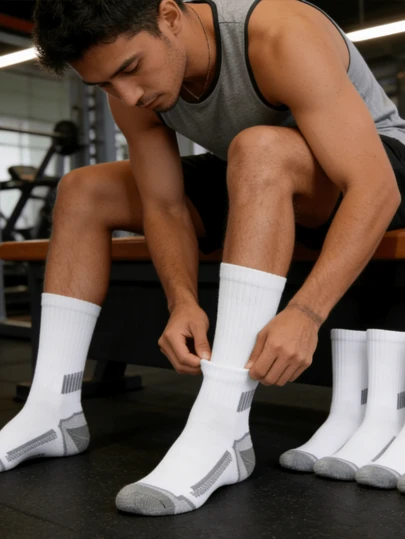 1 Pair White Comfortable Men's Sports Tennis Socks, Suitable For All Seasons, Thick And Soft, Unisex Casual Socks, Autumn/Winter/Spring, Mesh Design, Ventilation Holes, Soft And Smooth, Suitable For Holidays, Sports, Casual And Daily Wear