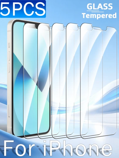 5片装高清钢化玻璃屏幕保护膜，兼容 17、16、15、14、13、12、11 Pro Max、Mini、XR、XS Max、SE2、SE3、8、7、6 Plus、17e、16e。支持面容ID、防摔、防油防指纹，智能手机配件