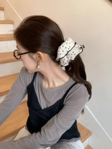 韩日风白色波点发圈，荷叶边发绳，大号丸子头发圈，马尾辫发圈 - 黑與白 - 查看 3