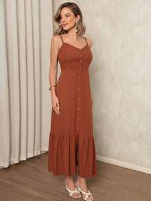 Elegant Women's Long Dress With Padded Cups, Lining, Adjustable Straps, And Front Buttons - Burnt Orange - View 2