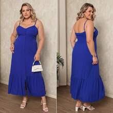 Women's Plus Size Long Dress In Plain Viscose With Padded Bra, Adjustable Straps And Front Buttons - Royal Blue - View 6