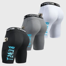 3-Pack Men's Compression Shorts - Made Of A Polyester And Spandex Blend, White With Blue Accents And A "BEAST" Graphic Design. Suitable For Running, Cycling, Gym Workouts, Yoga, Hiking, And Casual Wear; All Seasons Available. - Multicolor - View 1