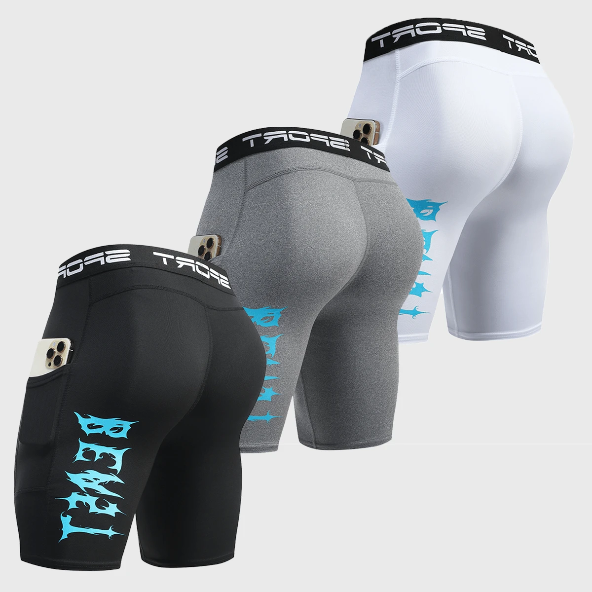 3-Pack Men's Compression Shorts - Made Of A Polyester And Spandex Blend, White With Blue Accents And A "BEAST" Graphic Design. Suitable For Running, Cycling, Gym Workouts, Yoga, Hiking, And Casual Wear; All Seasons Available. - Multicolor - View 1