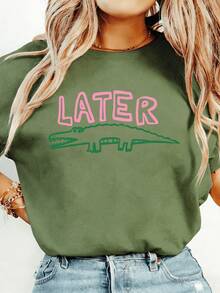 Women Later Gator Funny Crocodile Lightweight Tee, White Pink Breathable All Season Round Neck Top, Machine Washable Daily Playful Fashion Shirt - 綠色 - 查看 16