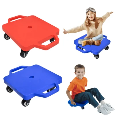 Kids Scooter With Handle, PP Material Gymnastics Scooter Board, Red Green Color, Plastic Casters, Weight Capacity 80kg, Indoor Outdoor Activity Toy For Children