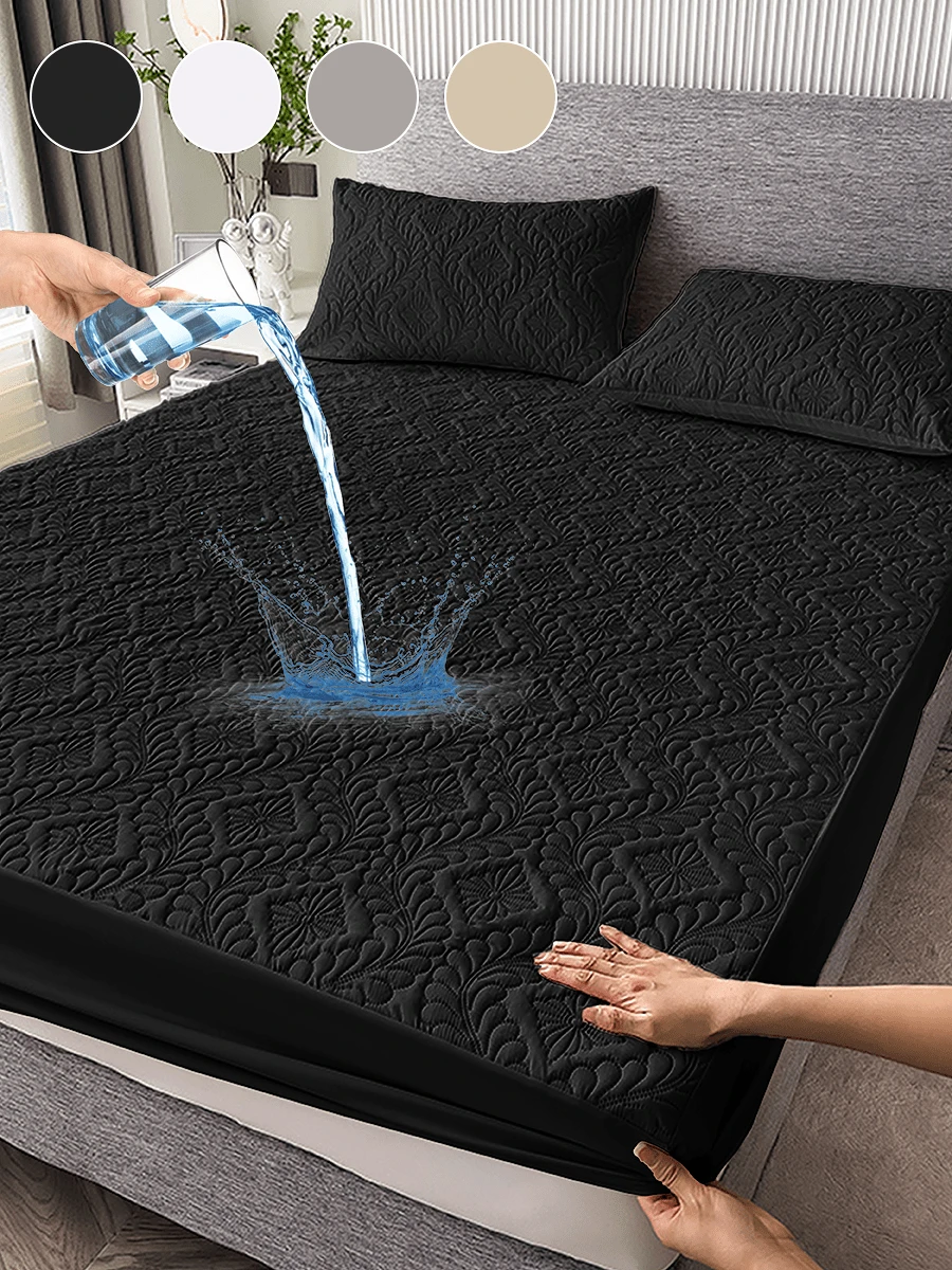 1pc Waterproof Fitted Sheet, Bedding, Skin-Friendly Mattress Cover, Soft And Comfortable Bedding For Bedroom, Black Fitted Sheet, Room Decor, Winter Decor, Christmas Decor, Waterproof Mattress Protector, Noiseless Bed Protector, Breathable Bed Sheet Cover, Mattress Cover Machine Washable, Christmas Gift - 黑色 - 查看 1