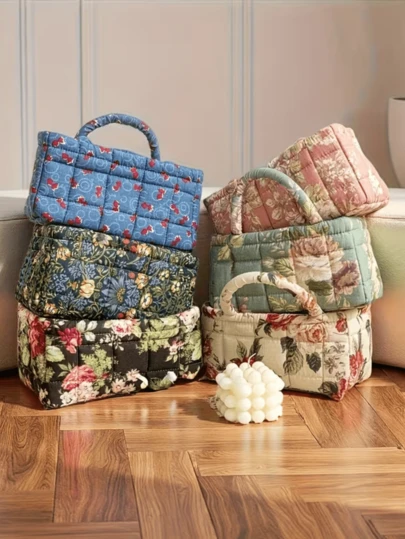 Vintage Printed Quilted Storage Basket, Handheld Foldable Storage Basket, Laundry Basket, Toiletry Storage Bag, Storage Basket For Bedroom And Home Organization, Ladies' Makeup Bag, Toy Storage Basket, Multi-Functional Storage Basket, Cosmetic Storage Box, Living Room, Bedroom, Bathroom Home Decoration