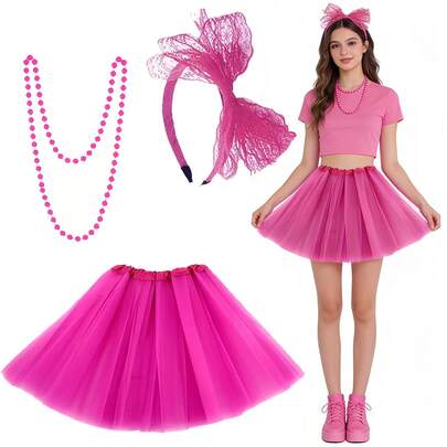 3pcs Tutu Skirt Set, Includes Puff Skirt + Lace Headband + Beaded Necklace, 80s Party Outfit, Easter, Carnival, Halloween Costume, 1980s Retro Accessories, Fashion Gift For Holidays & Birthdays