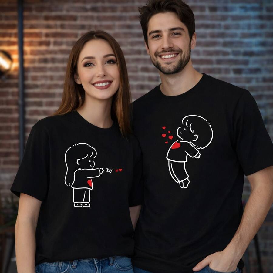Camiseta con estampado de corazón de dibujos animados para parejas, camisetas blancas para uso diario, regalos de cumpleaños, regalos de Halloween, o como camiseta conmemorativa para amigos o seres queridos. También adecuada como suéter. Entrega rápida. - Hombre Oscuro - Ver 1
