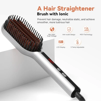 UKLISS Máy duỗi tóc ion âm thế hệ mới nhất năm 2026, bàn chải tạo kiểu tóc nóng nhanh với màn hình hiển thị kỹ thuật số, bàn chải chống xoăn cứng cho mọi loại tóc, dụng cụ tạo kiểu tiện lợi khi đi du lịch.